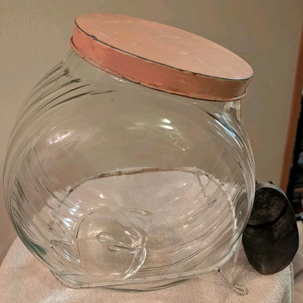 Antique Glass Jar Canister w/ Tin Lid & Scoop & Wire Stand Sellers Hoosier  S